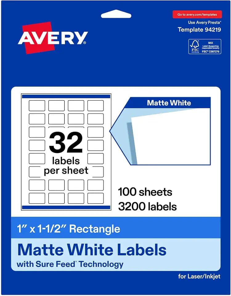 Avery® Matte White Rectangle Labels, Sure Feed® Technology, 1" x 1.5", 3,200 Matte White Printable Labels