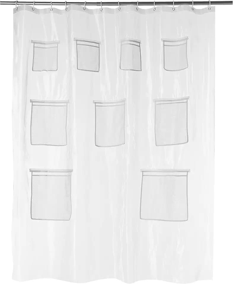 Amazon Basics 8-Gauge PEVA Shower Curtain or Liner with Mesh Storage Pockets - 72" x 72", Clear