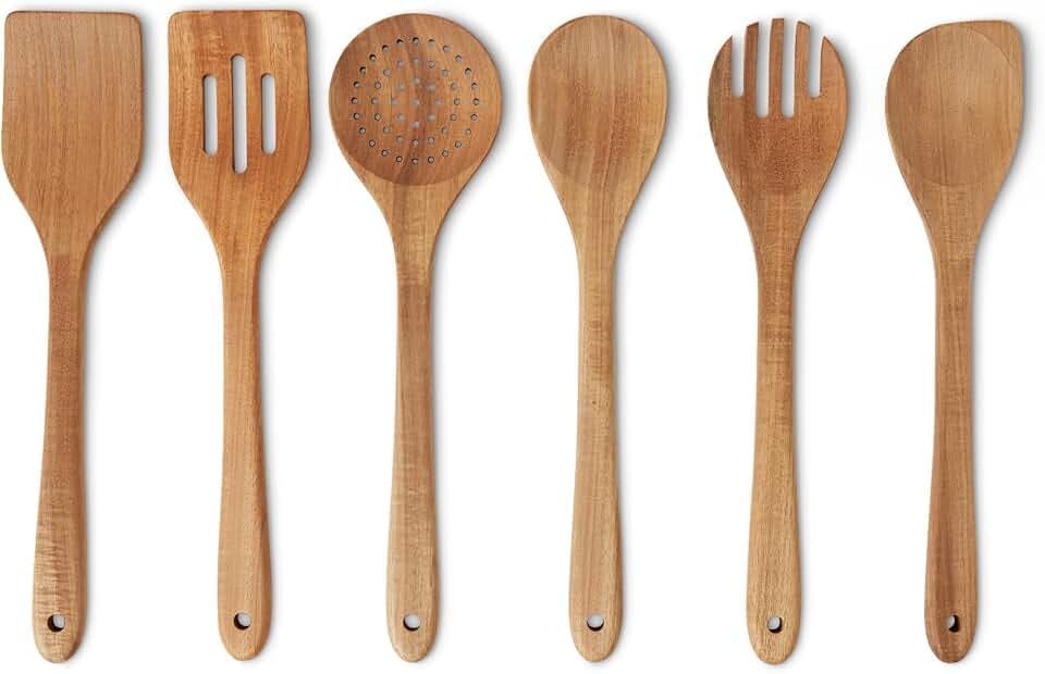 Amazon Basics Wooden Spoons & Cooking Utensils, 6-Piece Set, Acacia Wood, Pre-Oiled, Cookware-Safe, Ideal for Nonstick