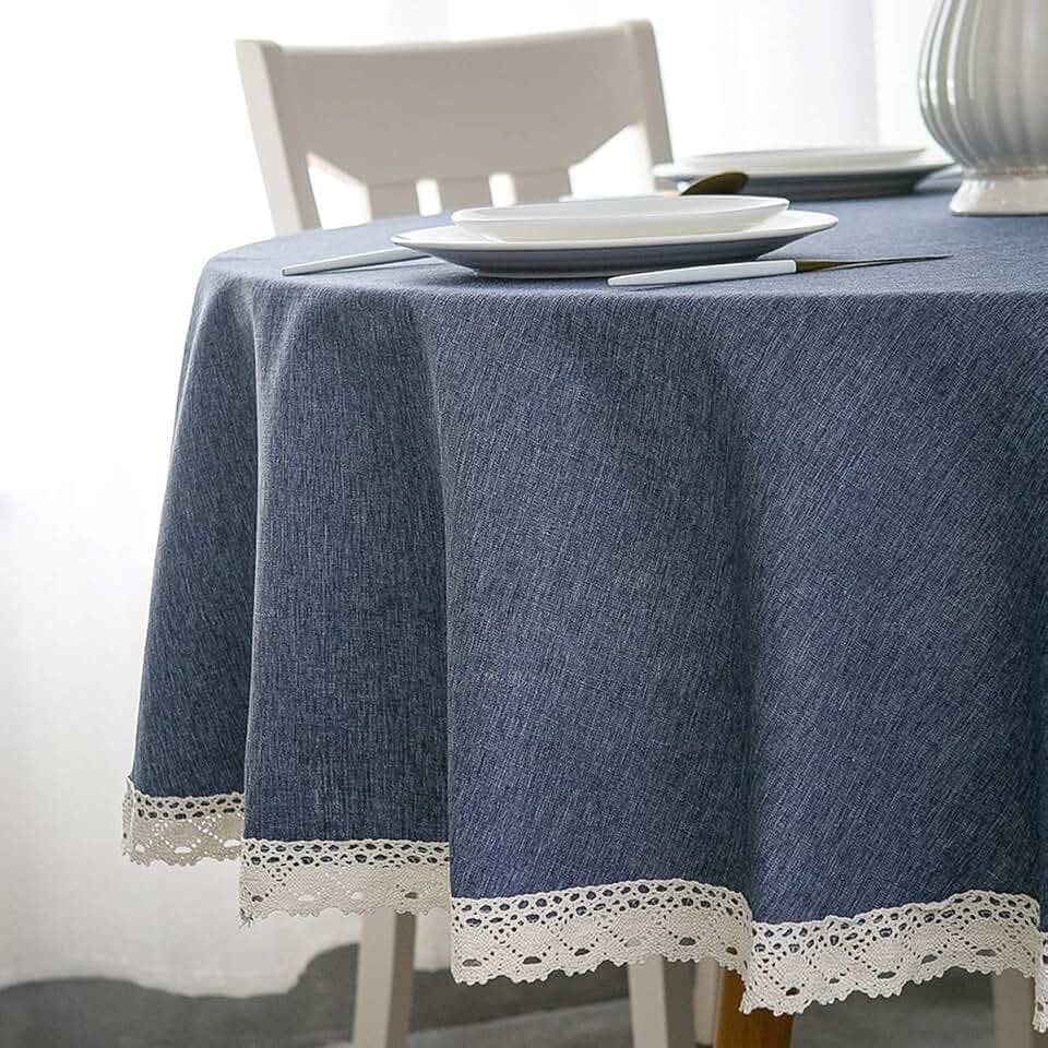 EHouseHome Faux Linen Tablecloth with Lace Trim - Waterproof/Spill Proof/Stain Resistant/Wrinkle Free/Oil Proof - for Banquet, Parties, Dinner,Wedding,Holiday,Denim Blue Round 60Inch
