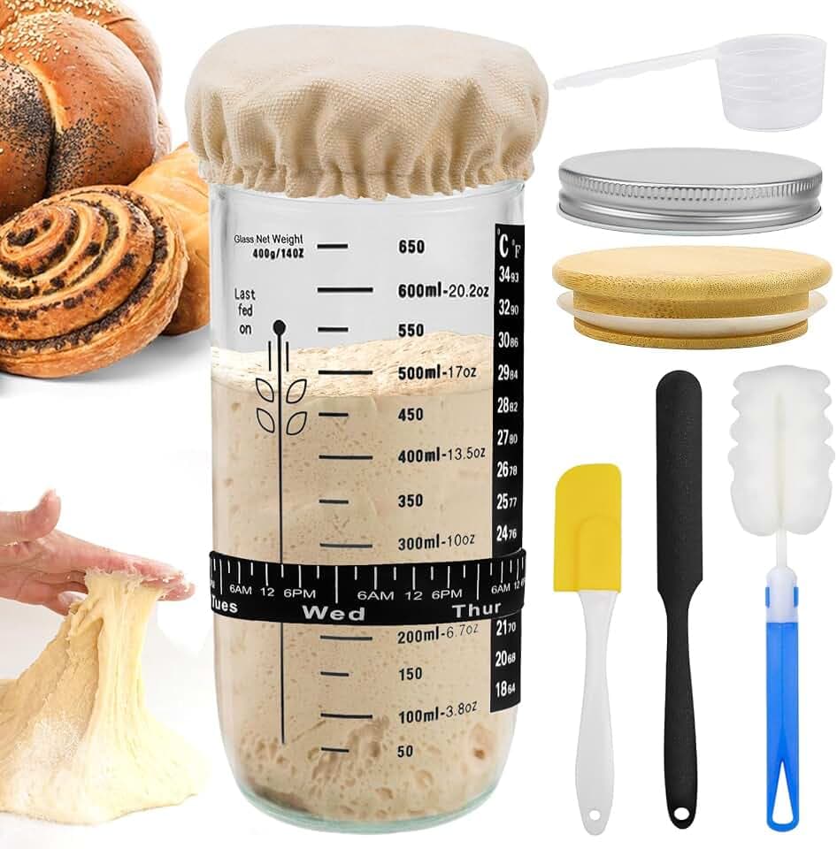 Raxfekro Sauerteig Starter Set,Sauerteig-Starterglas Set mit Aluminiumkappe, Gummiband, Thermometerpapier, Silikon-Spatel, Stoffhut, Etikett zum Backen von Sauerteigbrot