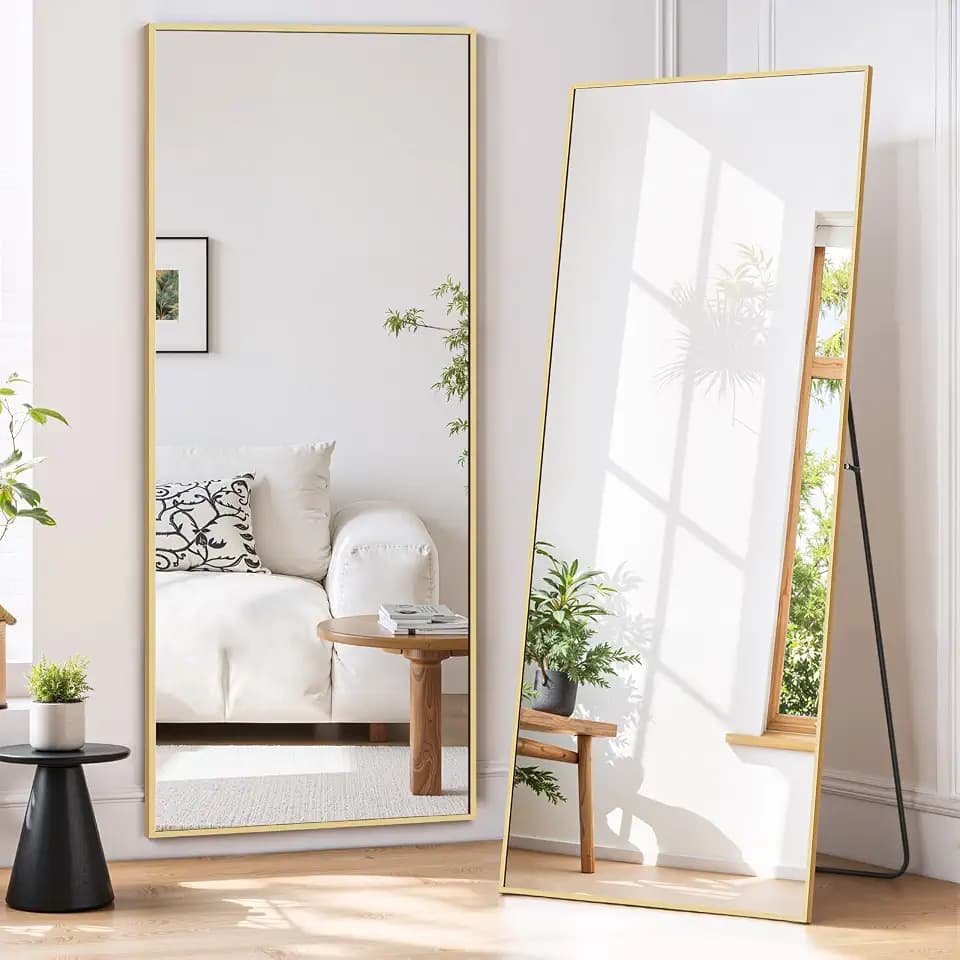Full Length Mirror 56"x21" Full Body Mirror Rectangle Free Standing Wall Mounted Leaning Floor Mirrors with Stand Aluminum Alloy Frame for Bedroom Cloakroom, Gold