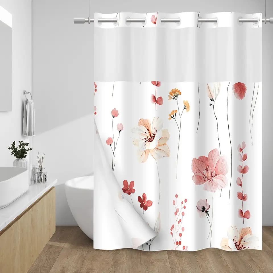 WITHLOC Hook Free Floral Shower Curtain with Liner, Coral, 71x74