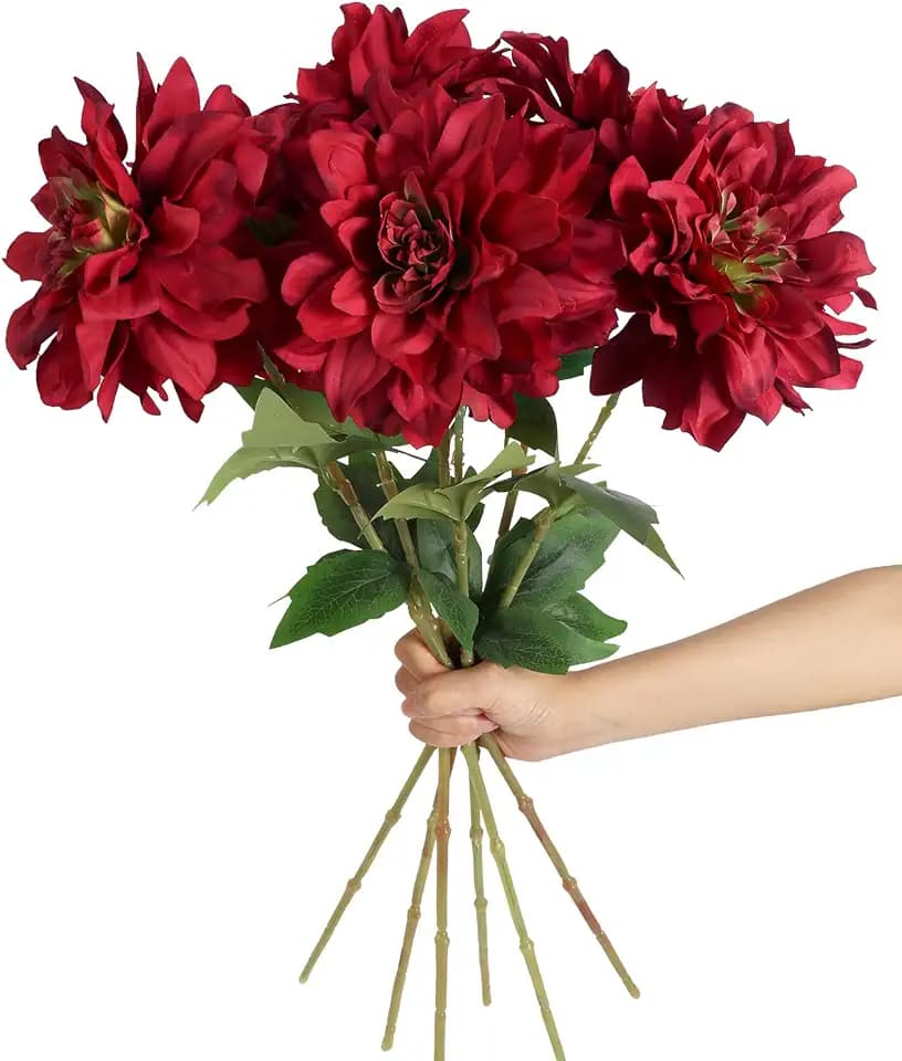 Dahlia Artificial Flowers,6PCS Burgundy Flowers 23.62" Silk Dahlia Flowers with Stems for Wedding Party Home Decorations(Dark Red)