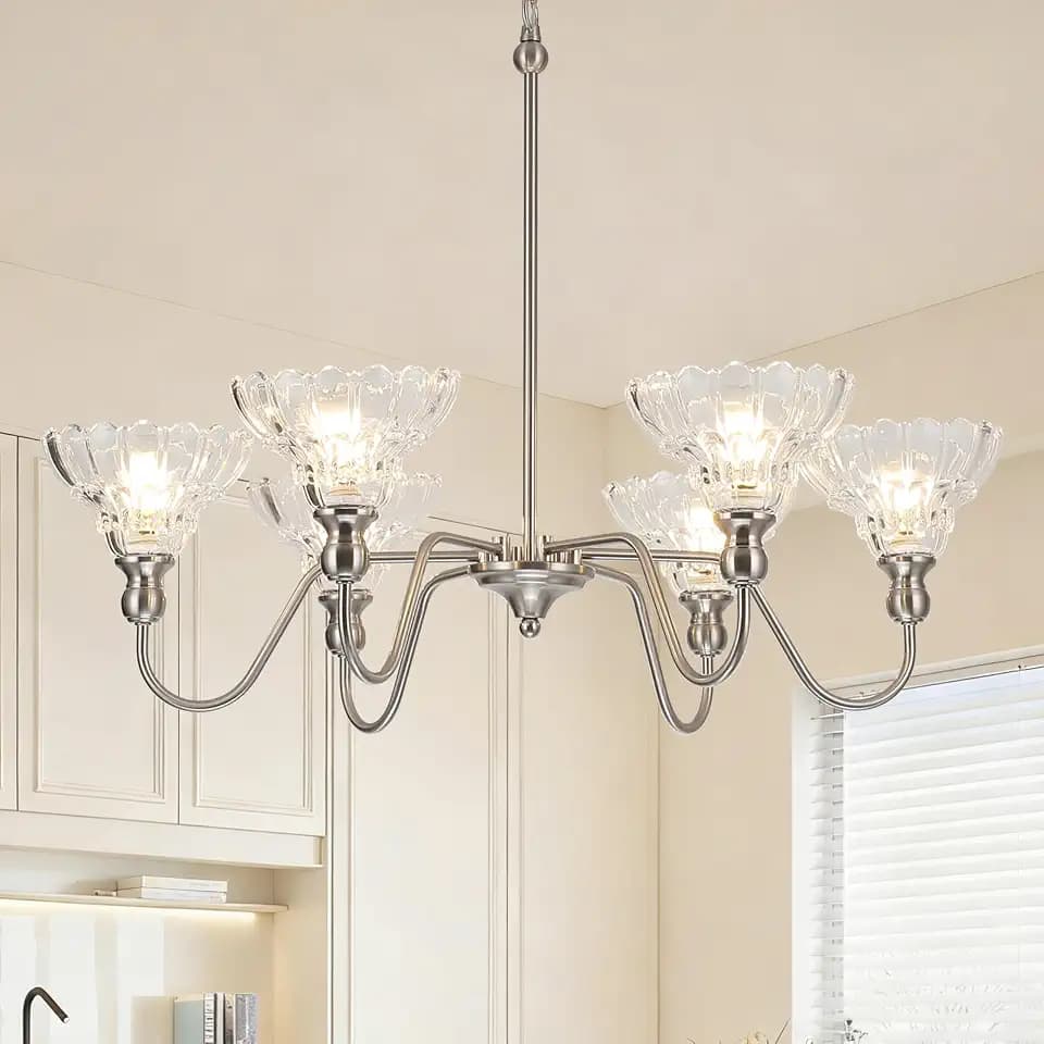 Vintage Chandelier Light, 6-Light Nickel Pendant Lights Kitchen Island Lighting with Flower Glass Shade, Ceiling Hanging Light Farmhouse Chandeliers for Dining Room