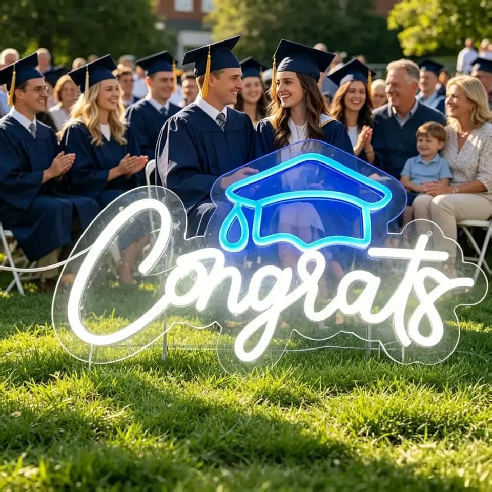Congrats Grad Neon Sign, 15*9",Graduation LED Neon Light with Blue Graduation Cap, White "Congrats" Neon Sign for Graduation Party Decor, USB Powered, Transparent Acrylic Backboard, Wall Mountable for Graduation Ceremony, College Dorm, Photo Booth,Commencement Season