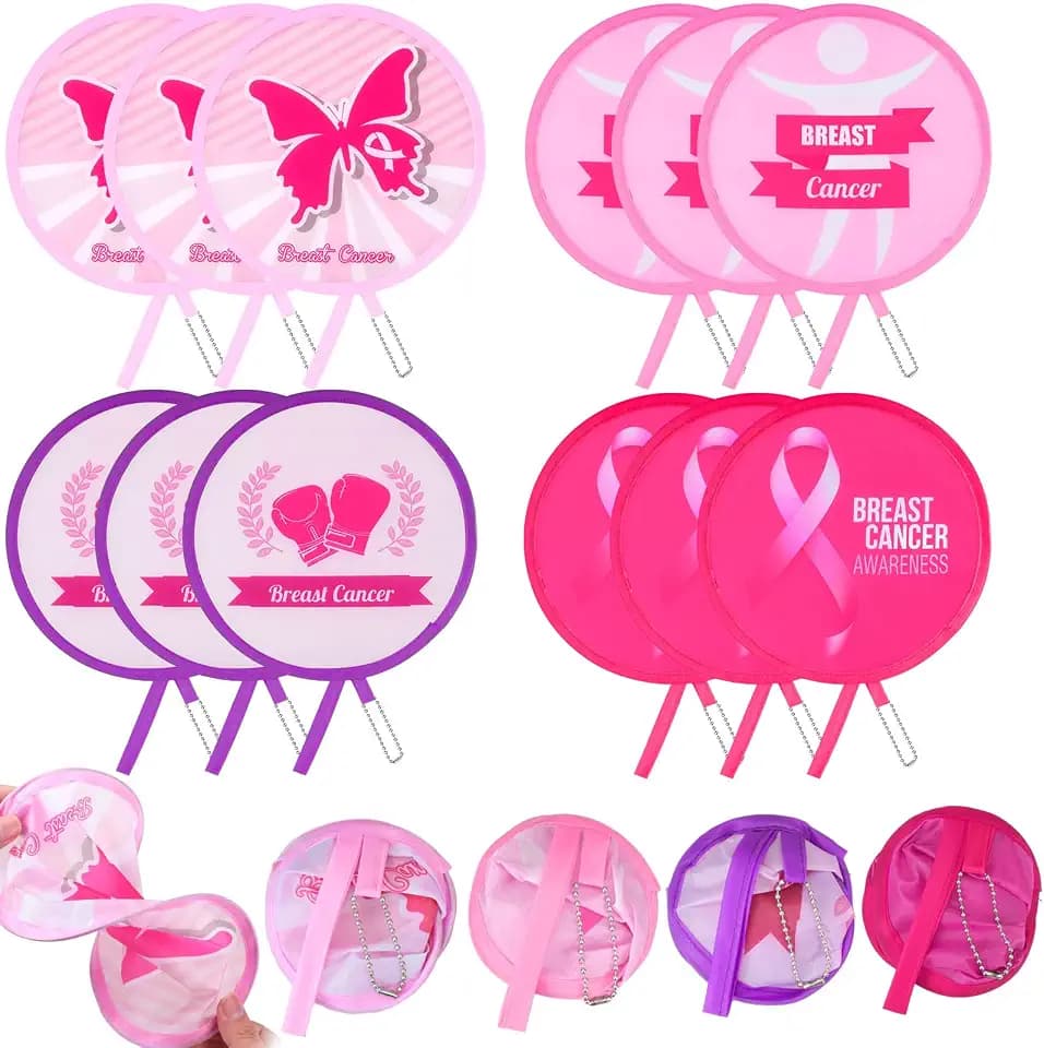 Marsui 12 Pcs Pink Round Foldable Hand Fan Breast Cancer Handheld Folding Fan Pink Ribbon Patterns Collapsible Handheld Foldable for Women Breast Cancer Theme Daily Use Festival Wedding Party Favors
