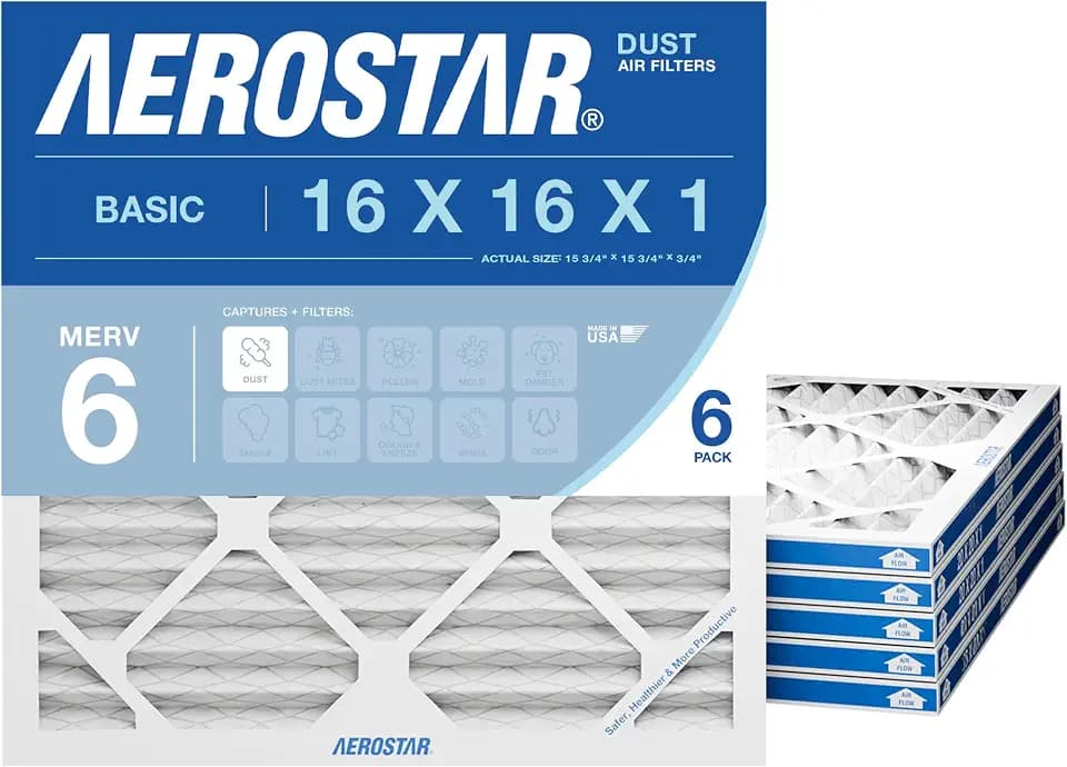 Aerostar 16x16x1 MERV 6 Pleated Air Filter, AC Furnace Air Filter, 6 Pack (Actual Size: 15 3/4"x15 3/4"x3/4")