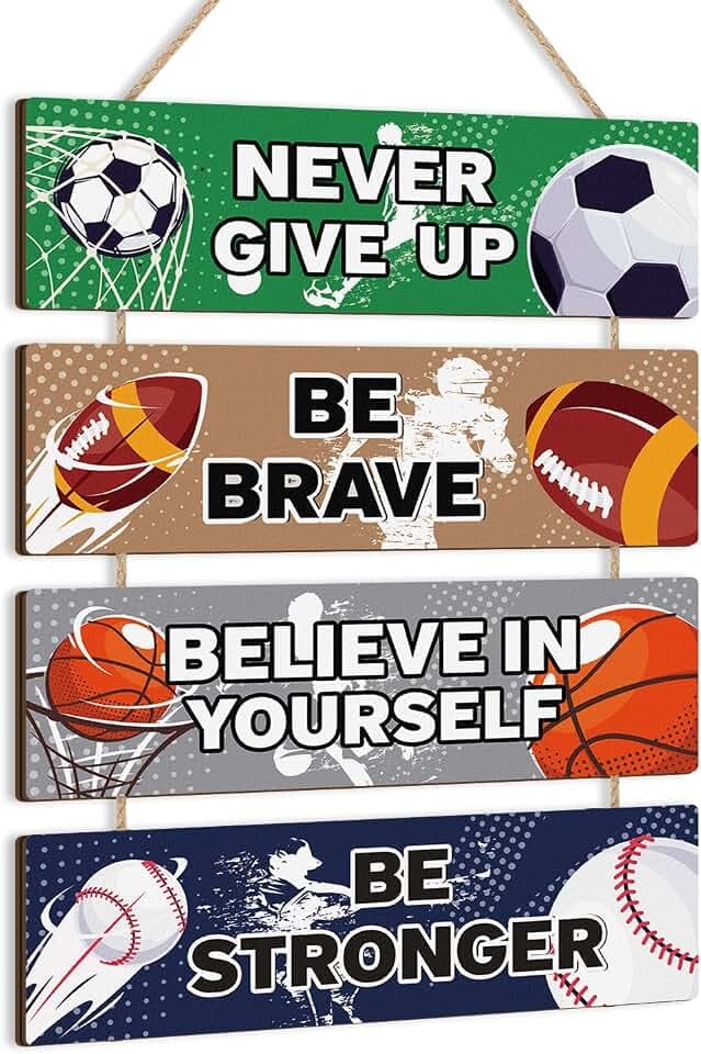 Sport Themed Wall Decor,Football Wood Sign(3.5"x12"),Inspirational Never Give Up Wooden Sign,Basketball Wood Hanging Wall Art For Boys Kids Room Playroom Nursery Decor(Retro Style)