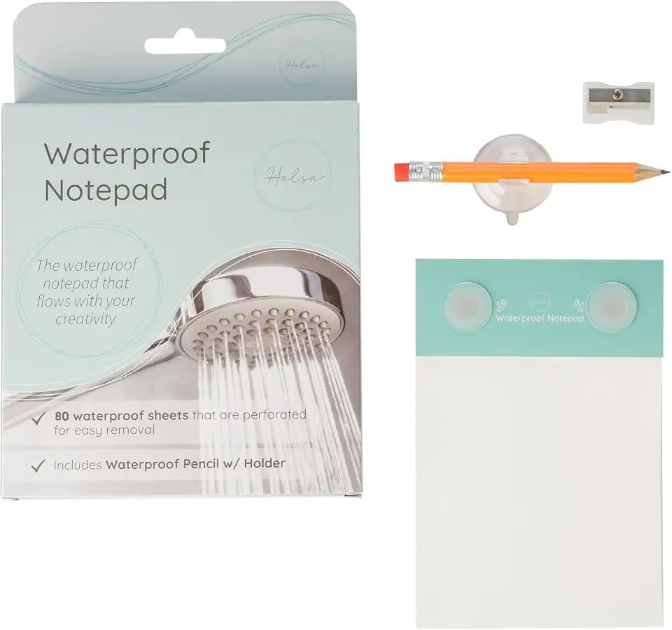 Halsa Waterproof Shower Notepad – 80 Sheet Tear-Off Pad with Pencil, Sharpener & Suction Cups – Waterproof Paper Notebook for Shower, Bath, Rain – All Weather Writing Pad