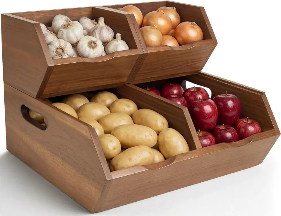 Acacia Pantry Storage Bins Set of 3, Stackable Potato Onion Wood Baskets