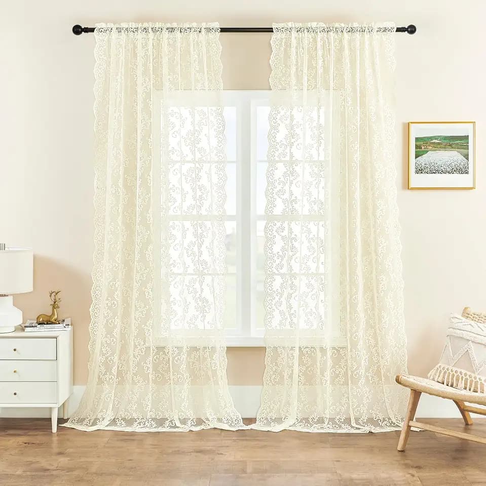 Cream Lace Curtains 102 Inches Long 2 Panels Paisley Floral Lace Sheer Curtains for Living Room Bedroom Rod Pocket Light Filtering Neutral Window Privacy Decor Drapes for Dining Room, 52x102, Ivory