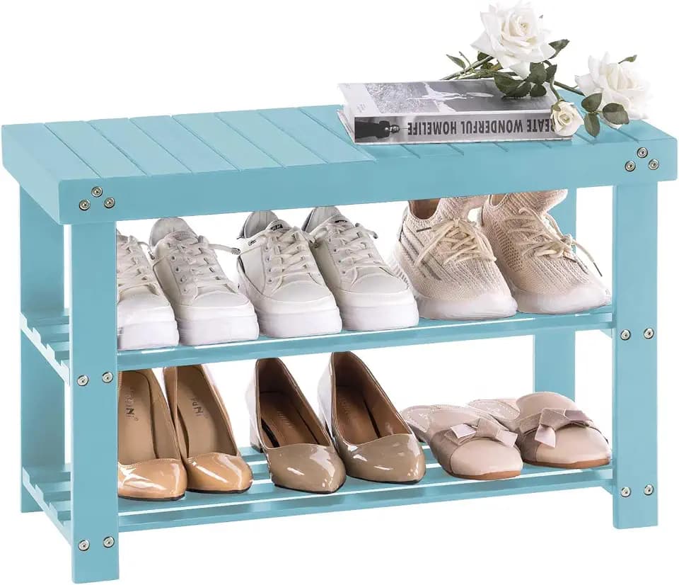 Apicizon Bamboo Shoe Rack Bench, 3-Tier Entryway Organizer, Blue