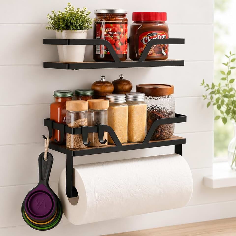 Paper Towel Holder with Shelf - Kitchen Spice Rack Organizer Wood