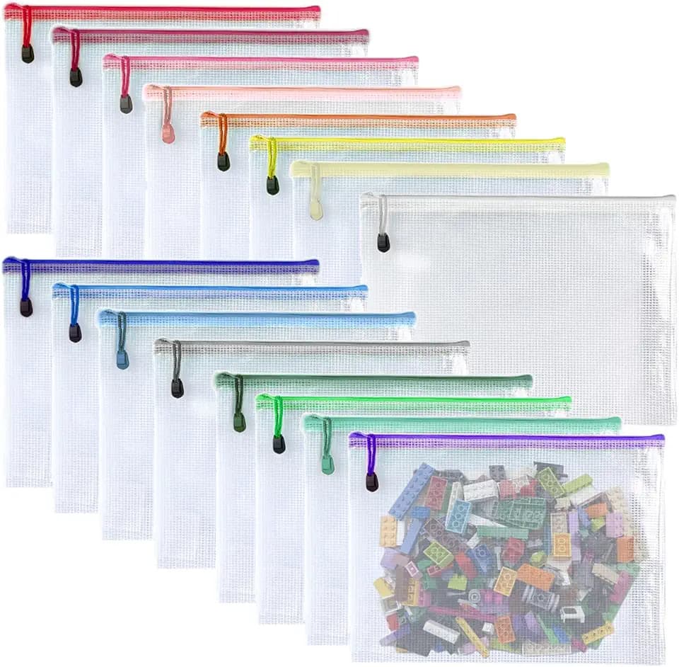16 PCS-9 x 12 inches-Mesh Zipper Pouch, Plastic Zip File Folders Puzzle Bags for Organizing,for Office Supplies,Travel,Home Storage-Multicolor