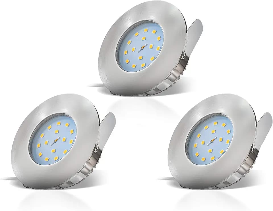 B.K.Licht - 3er Set LED Bad Einbaustrahler 230V 4,8W ultraflach IP44, 60mm Lochmass, warmweiße Lichtfarbe, Deckenspots, Spots, Einbauleuchten, Einbauspots, Badezimmer, 75x30 mm, Matt-Nickel