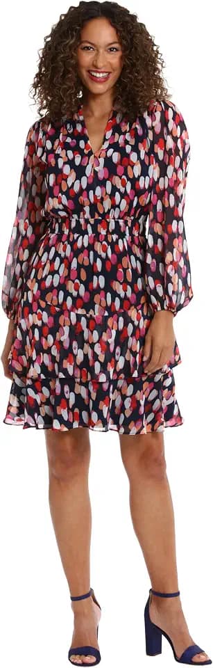 London Times Women's Elastic Waist Blouson Waist Bishop Sleeve Feminine Flattering Versatile Dress