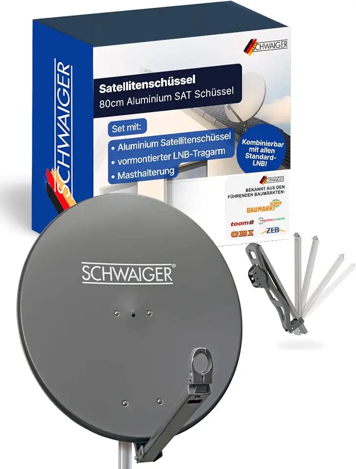 SCHWAIGER Satellitenschüssel I Ø 80 cm Aluminium Offset Antenne in anthrazit I Multifeed geeignet & wetterfest I SAT Schüssel mit LNB Tragarm & Masthalterung I maximale Empfangsleistung 38,5dB