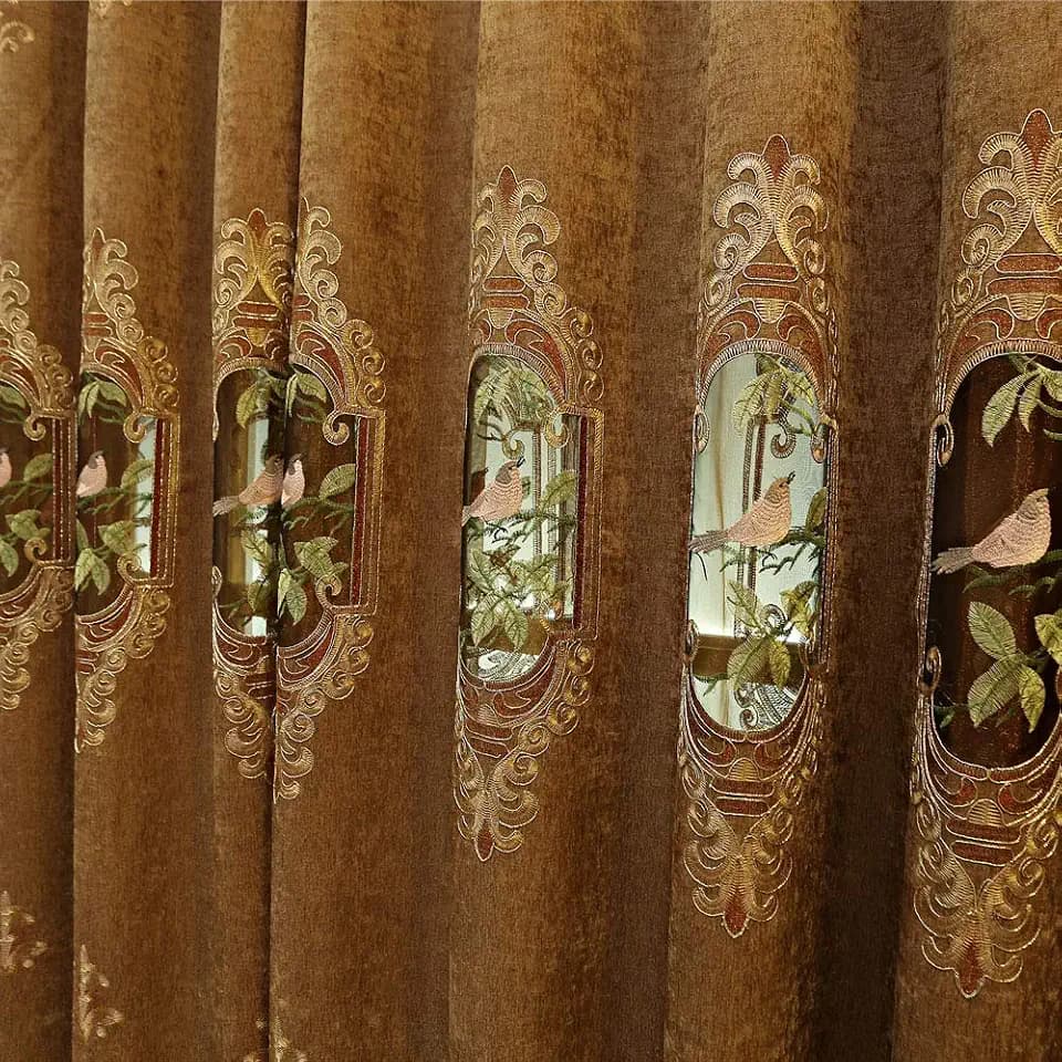 SLOW SOUL Set of 2 Panels Embroidered Birds 80% Blackout Curtains for Living Room Bedroom Dining Room Curtains & Drapes High-end Curtain with Grommet Top Brown Cloth 49W X 96 inch Length