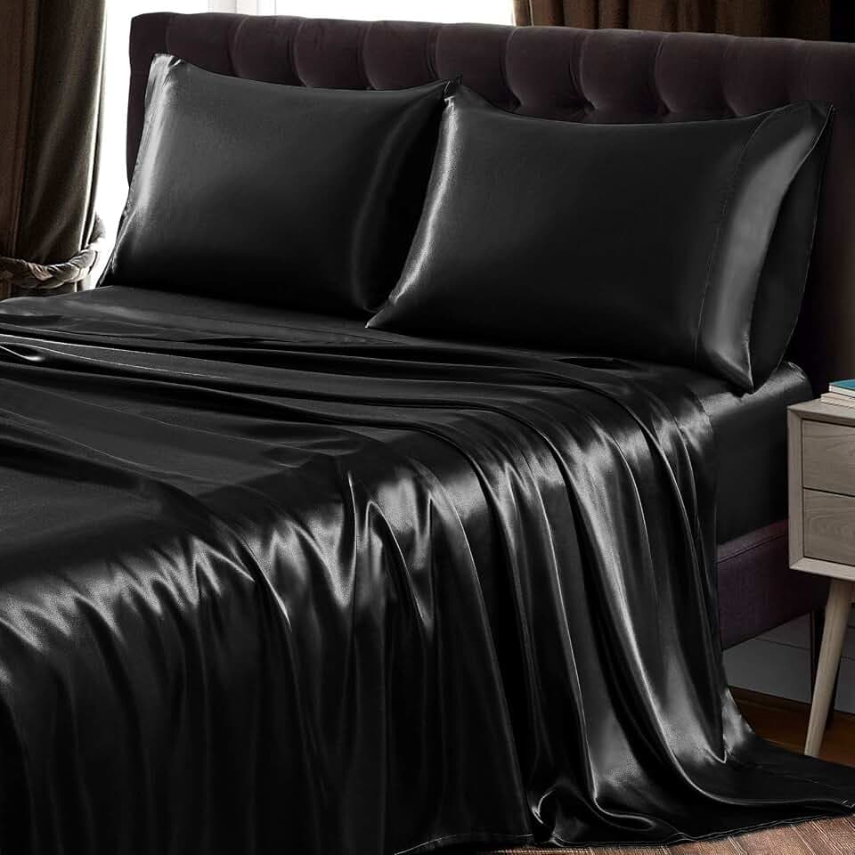 SiinvdaBZX 4Pcs Satin Sheet Set Full Size 15-Inch Deep Pocket, Black