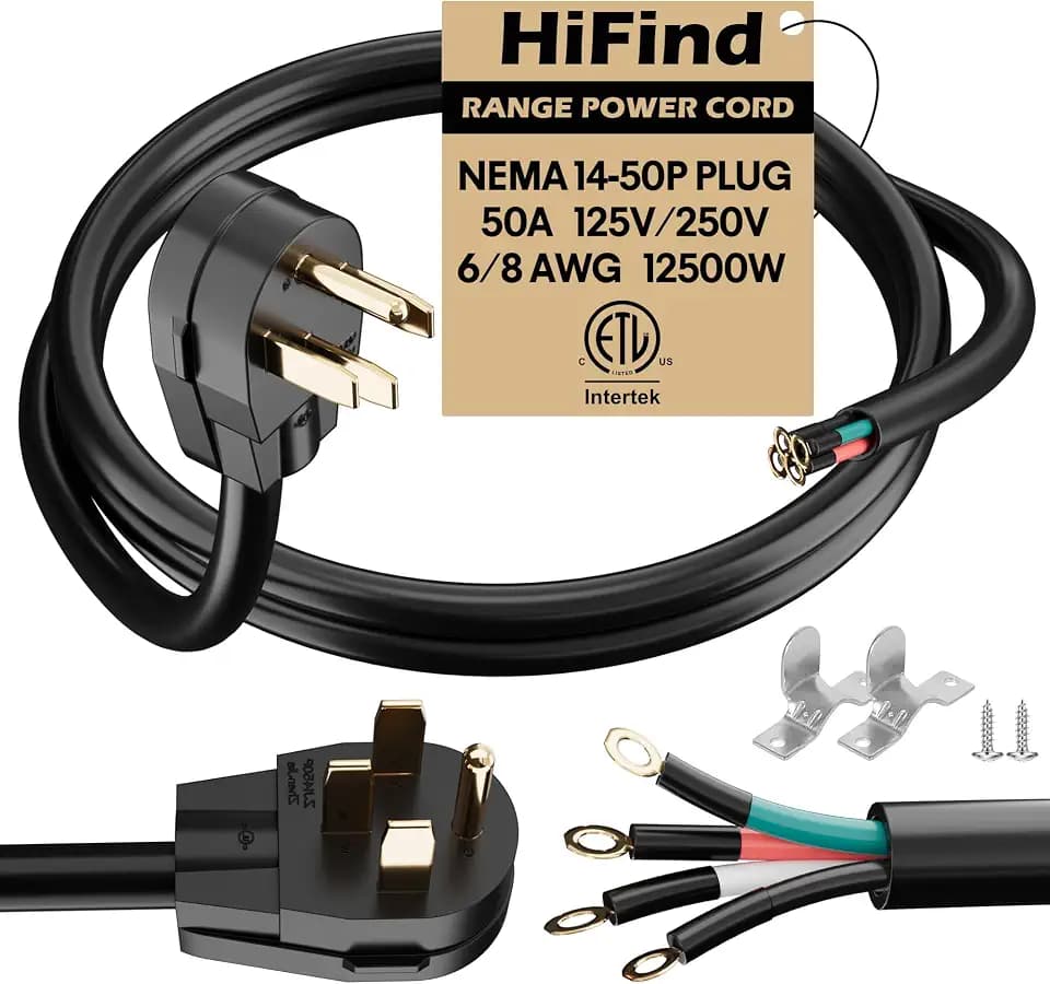 HiFind 4-Prong Replacement 50 Amp Range Power Cord 10 Ft, NEMA 14-50P to 4-Color Wire with Eyelet Connector,RV Tesla/EV Charger Generator Stove Appliance Extension Plug,Waterproof 6/2+8/2 AWG SRDT,ETL