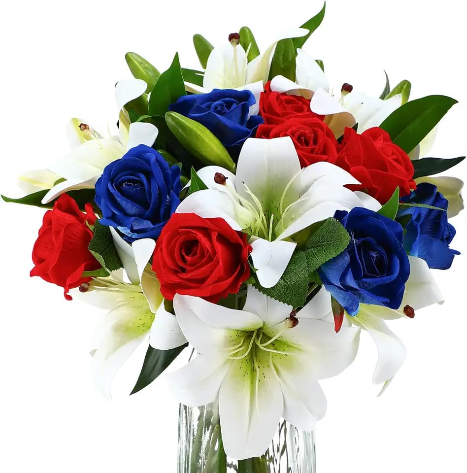 Hotop 20 Pcs Artificial Flowers Velvet Roses Lilies Red,Blue,White