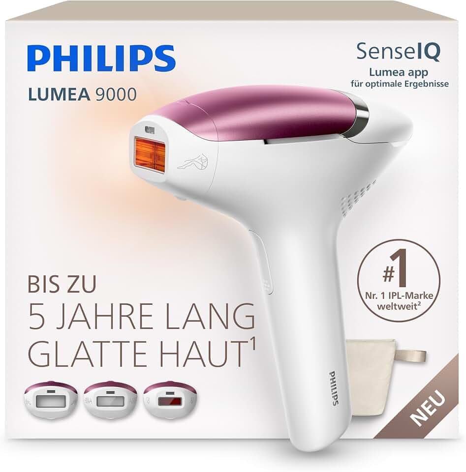 Philips Lumea 9000 IPL-Haarentfernungsgerät - bis zu 5 Jahre seidig glatte Haut, Anwendung zu Hause, medizinisch zertifiziert, 3 Aufsätze: Körper, Gesicht, empfindliche Stellen, BRI939/00
