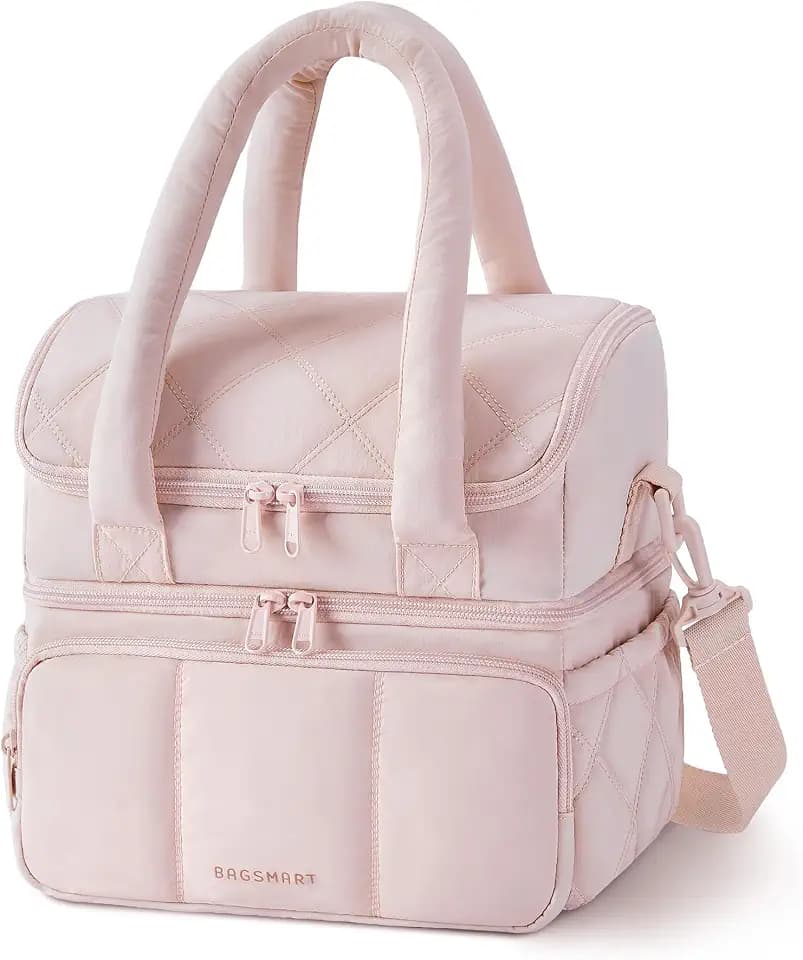 BAGSMART Lunch Bag Women, Double Deck Insulated Lunch Box, Pink