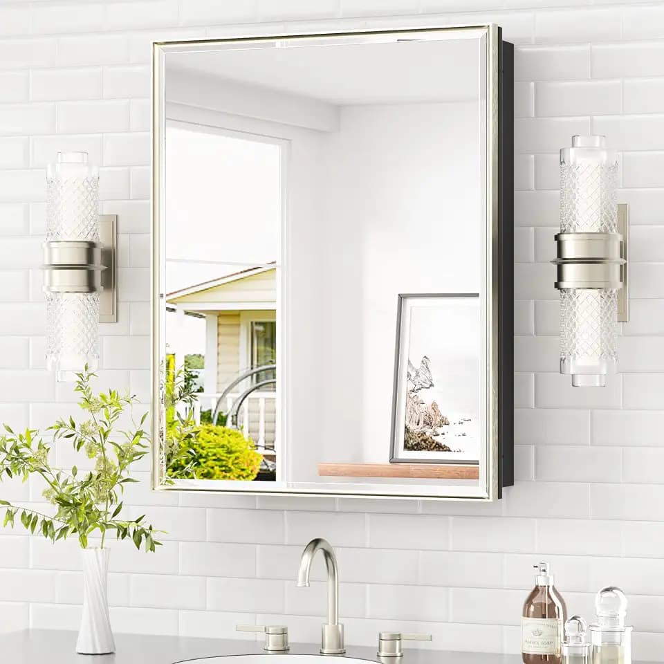 TETOTE Medicine Cabinet Mirror 24" x 30", Brushed Nickel Recessed Medicine Cabinet with Beveled Tempered Mirror, Stepless Adjustable Shelves, DTC Hinges