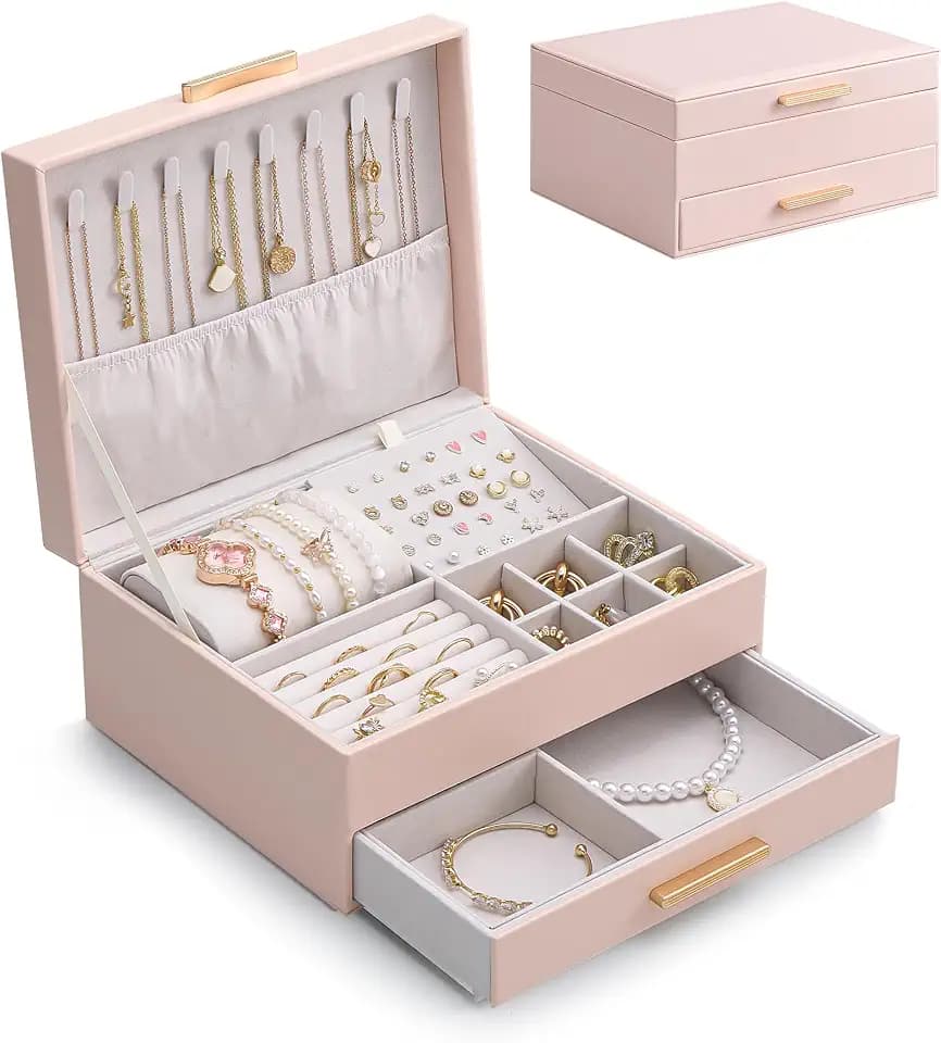 Lolalet 2-Layer Jewelry Box Organizer for Women Girls Room Decor -Pink
