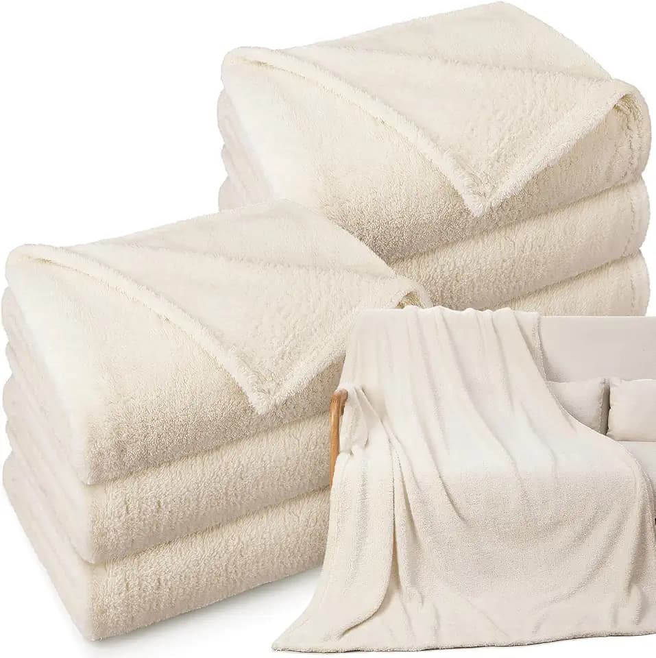 Tinideya 6 Pack Sherpa Fleece Throw Blankets, 50 x 60 in, Ivory