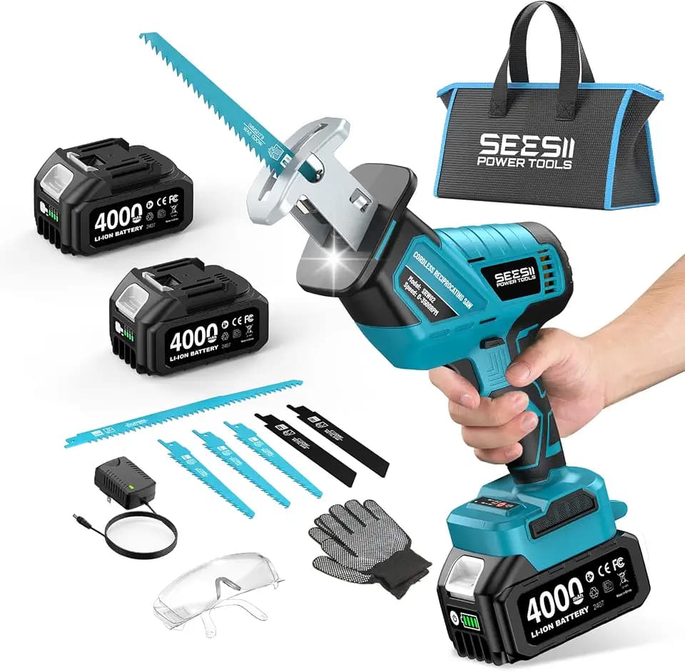 SEESII Reciprocating Saw Cordless with 2 x 4.0Ah Batteries and 6 Saw Blades