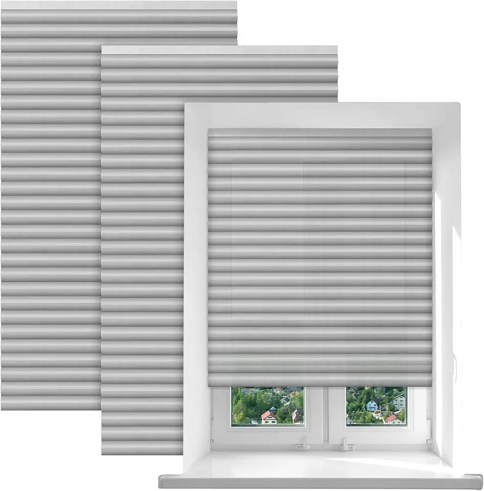 Threehoney 2 Pcs 35 x 110 Inches Temporary Blinds No Tools Cut to Size Fabric Paper Blinds Adhesive Privacy Shades for French Door Sliding Door Window Light Filtering Blackout Pleated(Light Gray)