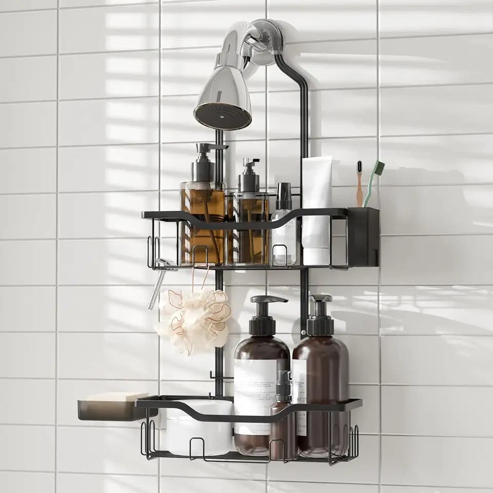 Shower Caddy Hanging 2-Tier Shower Organizer for Tall Showerhead,Rustproof Over Shower Head Rack,No Drill Bathroom Shower Caddy with Soap Dish,Toothbrush Holder and Hooks, Black