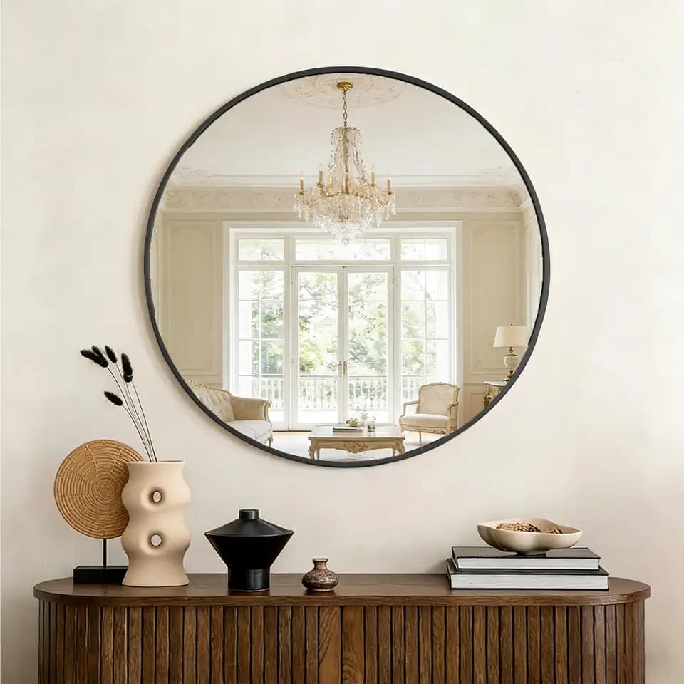 OLIXIS Bathroom Round Mirror for Over Sink, 28 in Wall Circle Mirror, Black