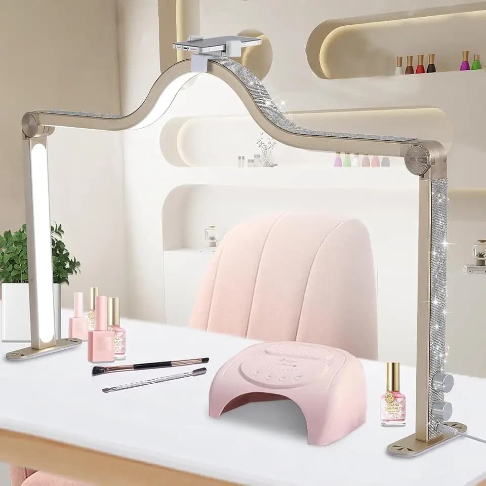 Half Moon Light for Nail Desk, 34.5In Foldable Square Nail Tech Lamp with Phone Holder, 3000-6000K Dimmable Half Moon Manicure Light for Lash Eyelash Extension, Tattoo, Eyebrows, Crafts (Gold, A)