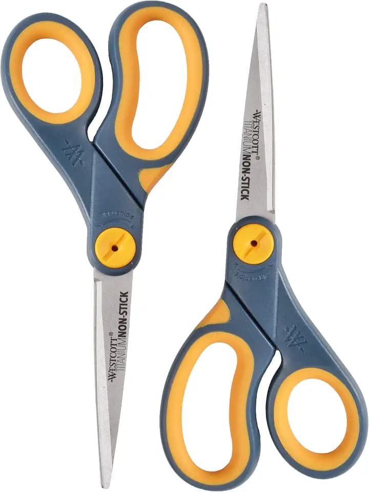 Westcott 8-Inch Non-Stick Titanium Scissors For Office and Home - Glide Adjust Technology - Grey/Yellow Craft, Fabric Scissors - 2 Pack
