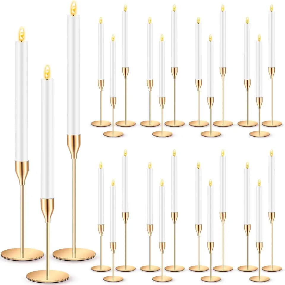 FillTouch 30 Pcs Gold Candlestick Holders with Flameless Taper Candles Bulk