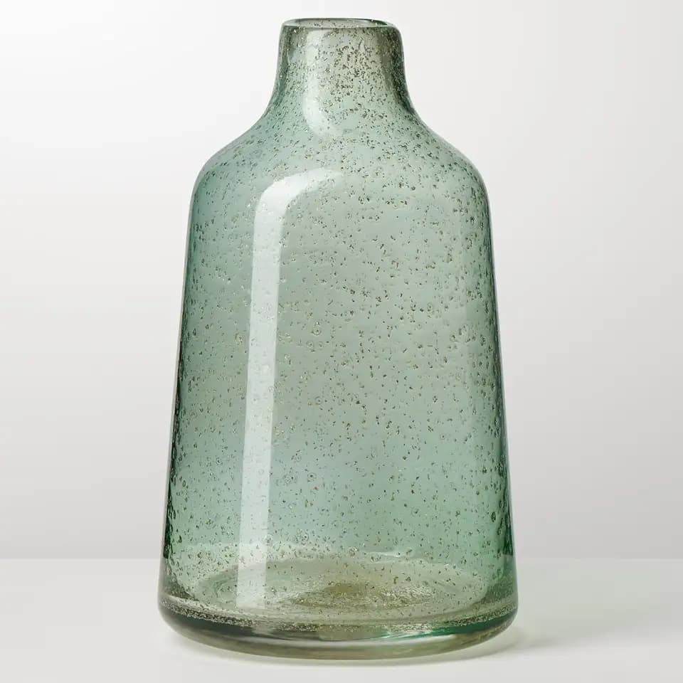 Torre & Tagus 10 Inch Tall Green Glass Vase with Gold Flakes, Mouth Blown Glass Vases Green Flower Vase Centerpieces, Watertight for Hydroponic Plants, Coastal Seagreen Gold Decor Accents (Marina)