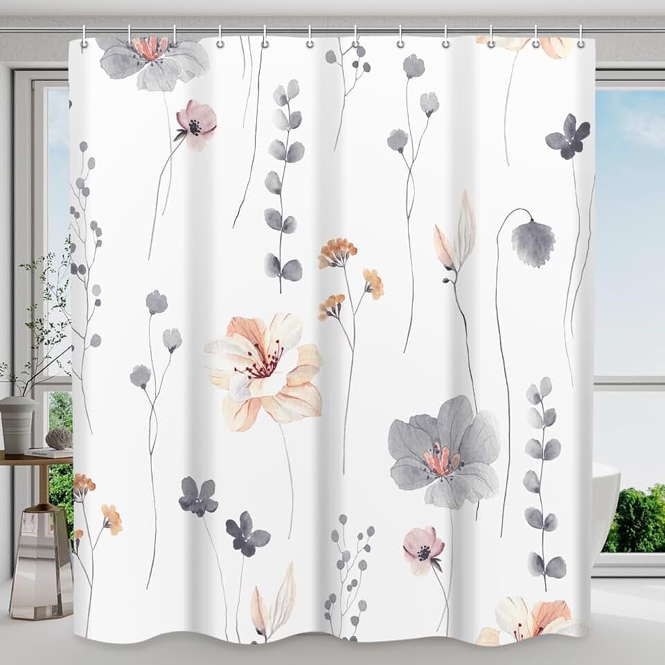 WITHLOC Floral Shower Curtains for Bathroom, Grey, 72" W x 72" L