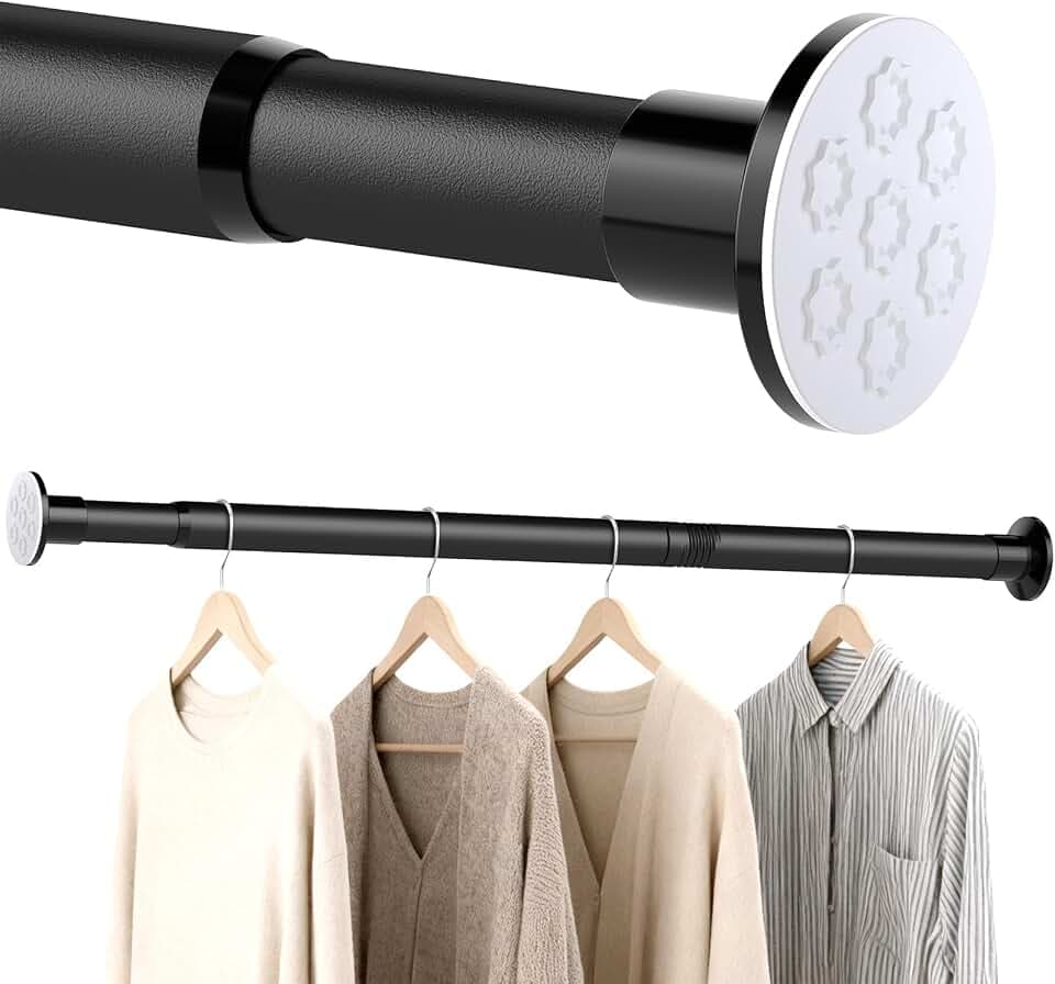 No Drilling Closet Rod, Adjustable Black Closet Rod, 28-98 Inches Closet Tension Rods for Hanging Clothes for Wardrobes, Closet, Laundry & Bathroom