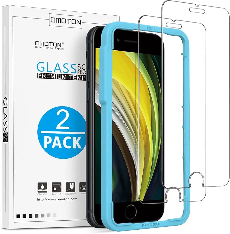 OMOTON Panzer Schutz Glas für iPhone SE 2020/2022 und iPhone 8/7/6 mit Rahmen-Installationshilfe, Anti- Kratzer, Bläschenfrei, 9H Härte, HD-Klar, 2 Stück