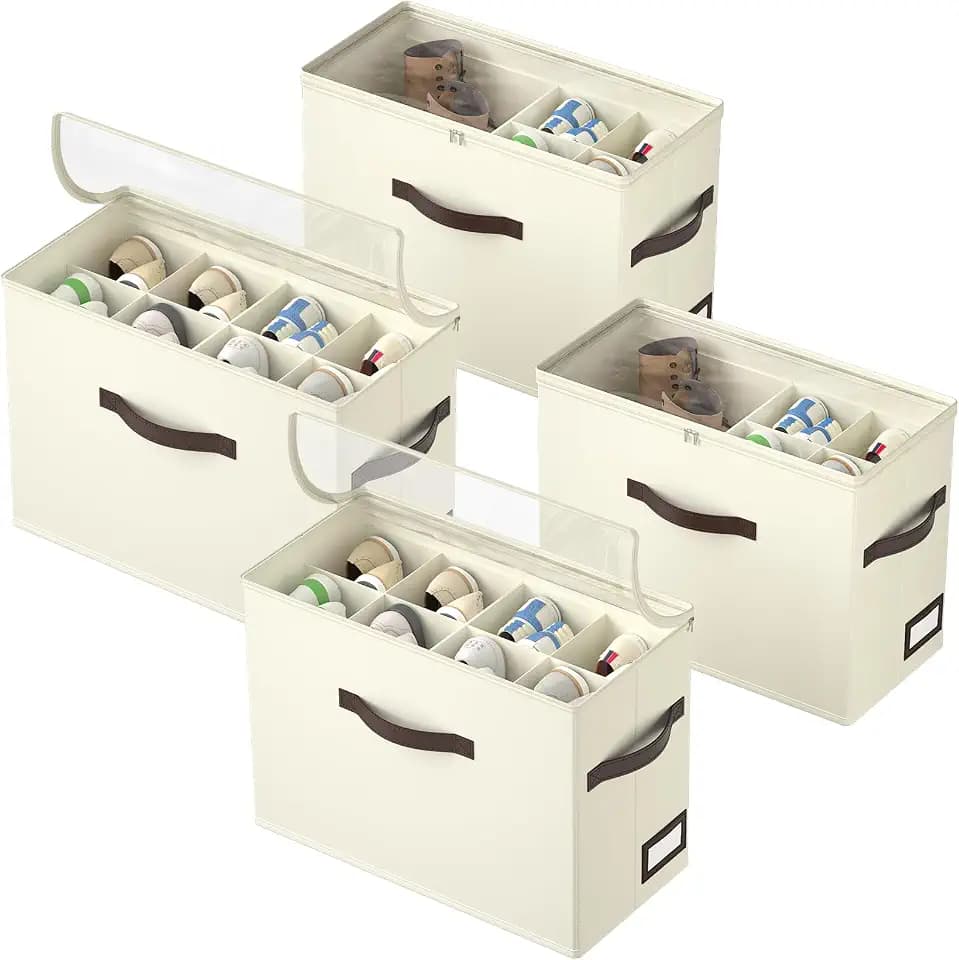 OIAHOMY 4 Pack Shoe Organizer for Closet, Foldable Shoe Storage Bins with Adjustable Dividers, Stackable Oxford Cloth Sneaker Boxes for Entryway Bedroom, Fits Up to 32 Pairs, Beige