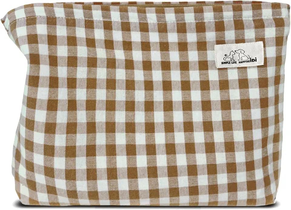 HAPPYHEIDI Khaki Gingham Cotton Makeup Bag Cosmetic Travel Pouch with Bottom, Make Up Purse Organizer, Zipper Closure, Canvas Lined…
