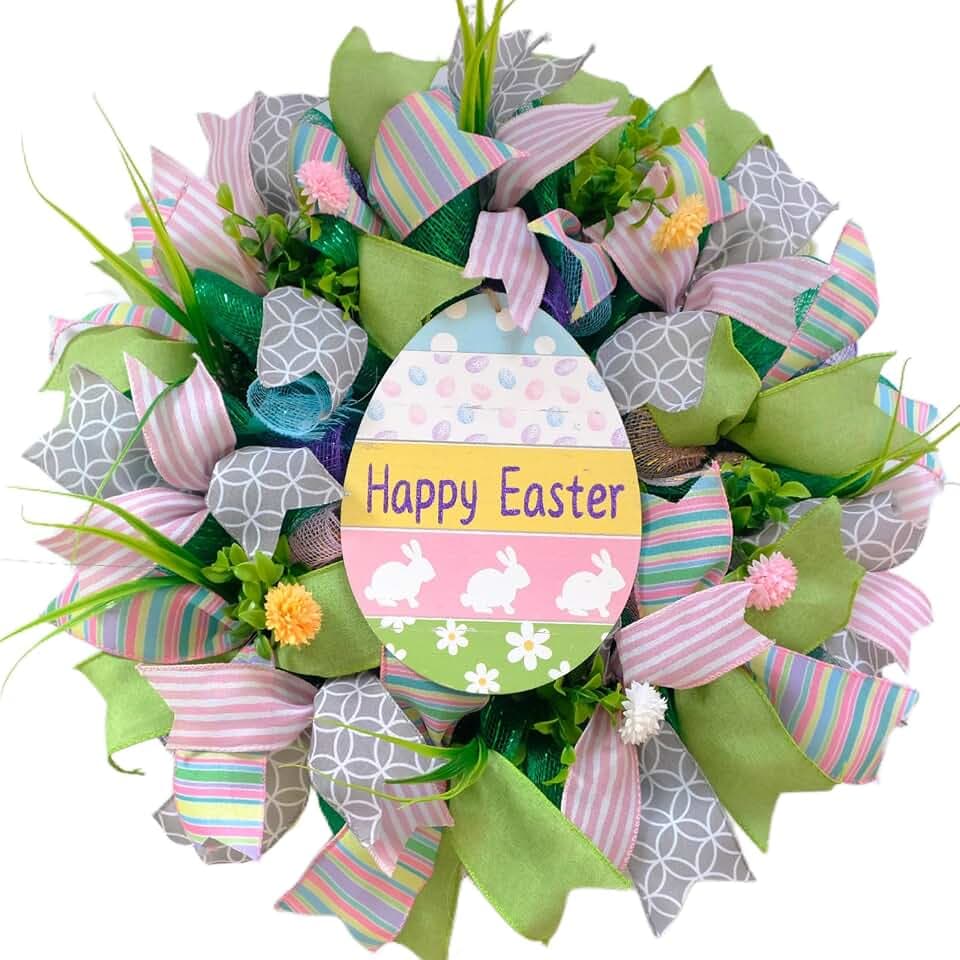 20 Inch Easter Mesh Wreath for Front Door, Artificial Easter Bunny Wreath with Ribbons Mesh, Pink Green Spring Wreath for Home Wall Window Farmhouse Decor