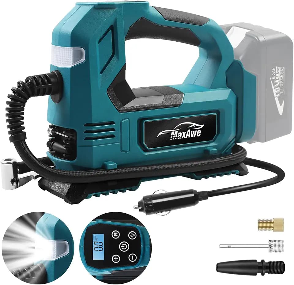 MaxAwe Akku Kompressor für Makita 18V, Elektrische Kabellos Luftpumpe mit Autokabel und 3 Düsen, Tragbarer Reifenfüller mit LED-Licht, für Autos Motorräder Fahrräder Bälle(ohne Akku)