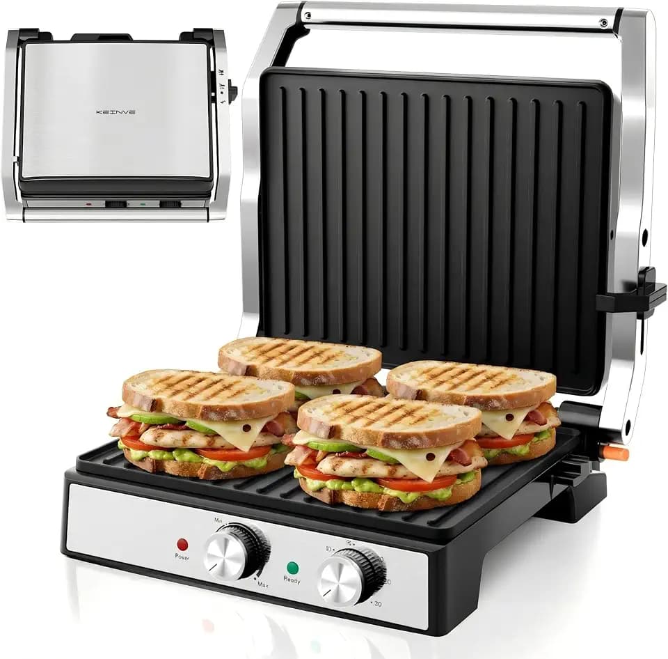 KEINVE Panini Press, 4 Slice Large Sandwich Maker with Temp & Time Setting