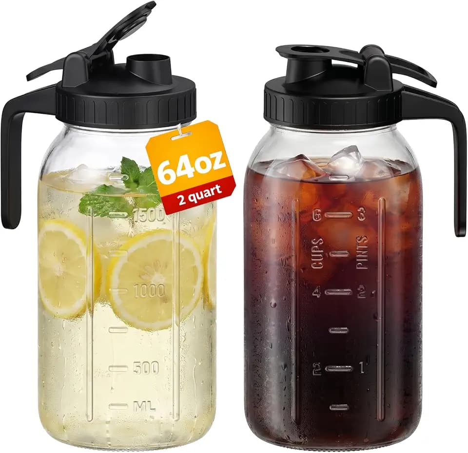 Mason Jar Pitcher Set of 2, 64oz (2quart) Glass Pitcher with Lid for Tea