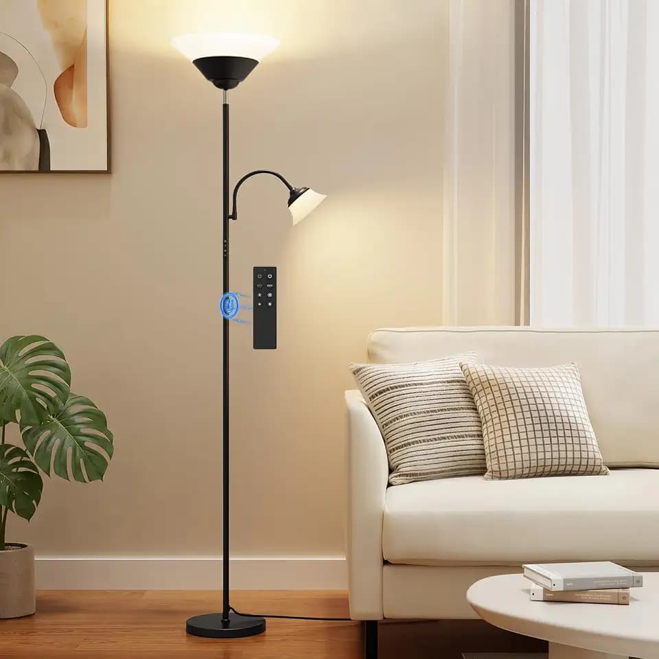 SIBRILLE 2-in-1 Torchiere Floor Lamp, 34W Super Bright LED Standing Lamp with Remote & Touch Control, 72" Dimmable Adjustable Corner Reading Lamp for Living Room, Bedroom, Office, Black