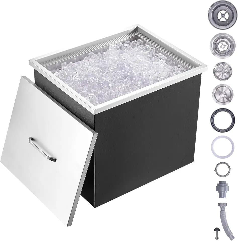 VEVOR Drop in Ice Chest, 22"L x 17"W x 12"H Stainless Steel Ice Cooler, Commercial Ice Bin with Cover, 40 qt Outdoor Kitchen Ice Bar, Drain-pipe and Drain Plug Included, for Cold Wine Beer